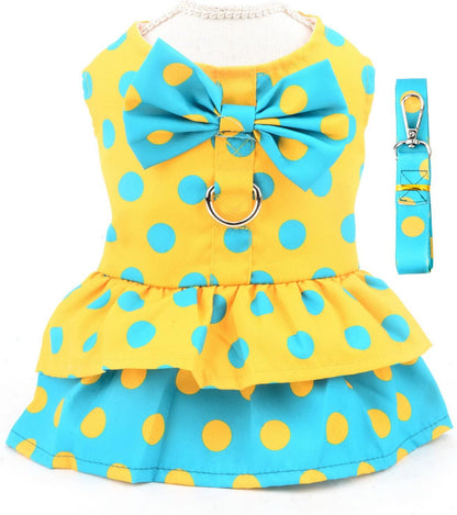 SMALLLEE_LUCKY_STORE Polka Dot Harness Dress for Small Dogs, Yellow, XL | Soft Fabric, D-Ring Leash Use, Summer Walks, Chihuahua, Yorkie, Cats,Small Breed, Princess Dress With Bow