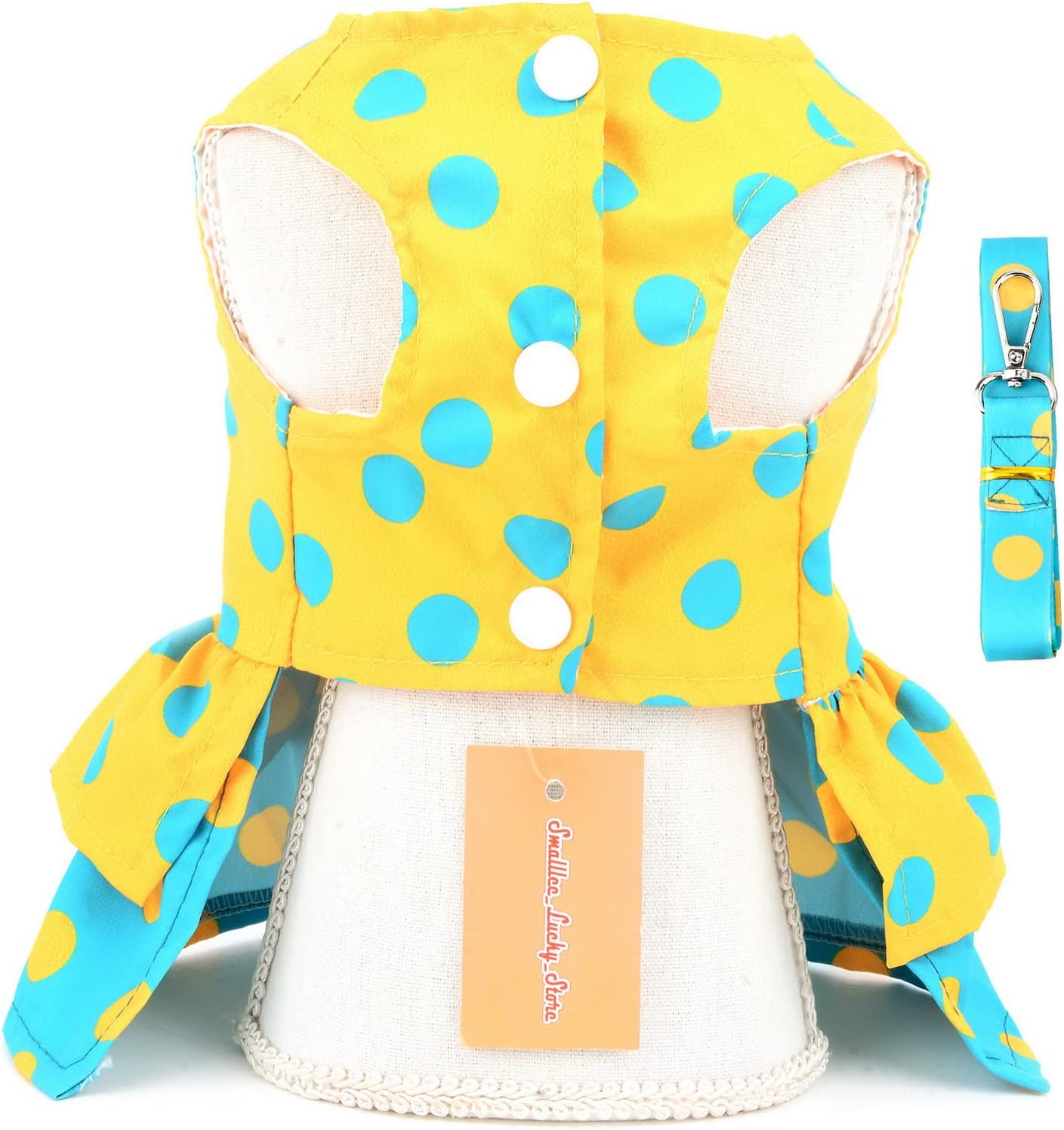 SMALLLEE_LUCKY_STORE Polka Dot Harness Dress for Small Dogs, Yellow, XL | Soft Fabric, D-Ring Leash Use, Summer Walks, Chihuahua, Yorkie, Cats,Small Breed, Princess Dress With Bow