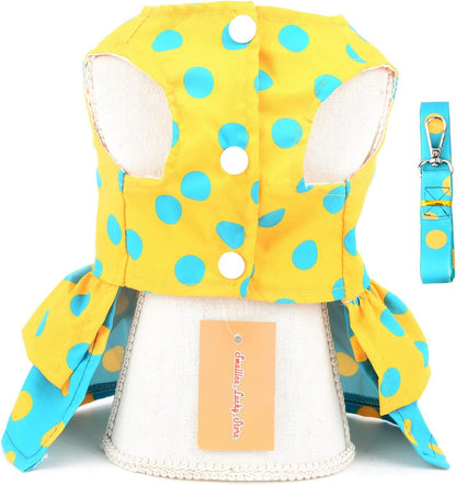 SMALLLEE_LUCKY_STORE Polka Dot Harness Dress for Small Dogs, Yellow, XL | Soft Fabric, D-Ring Leash Use, Summer Walks, Chihuahua, Yorkie, Cats,Small Breed, Princess Dress With Bow
