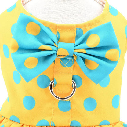 SMALLLEE_LUCKY_STORE Polka Dot Harness Dress for Small Dogs, Yellow, XL | Soft Fabric, D-Ring Leash Use, Summer Walks, Chihuahua, Yorkie, Cats,Small Breed, Princess Dress With Bow