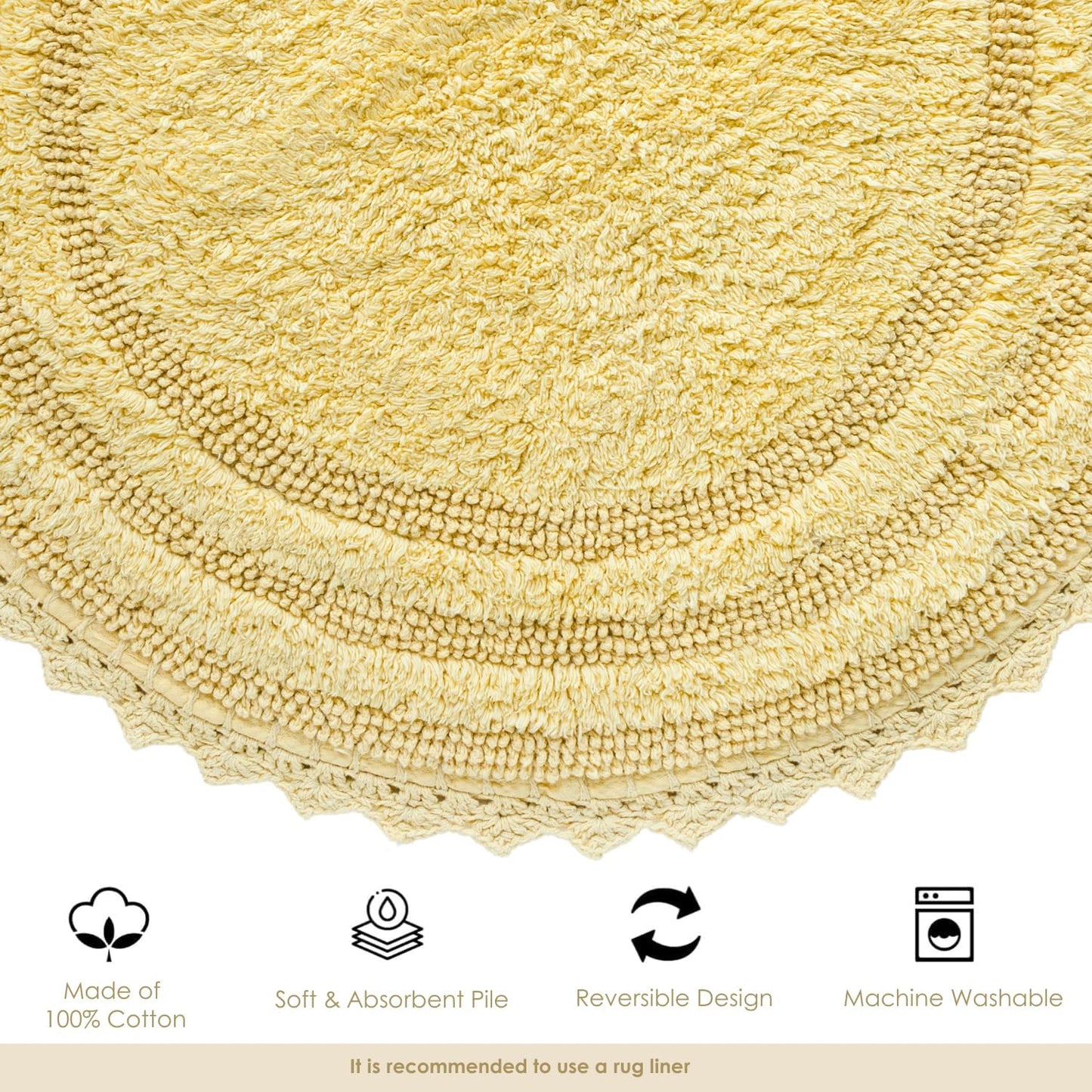 Pale Banana Bathroom Rug with Crochet Pattern - 34x21 Inches Large Oval Cotton Absorbent Soft Reversible Boho Bath Rug