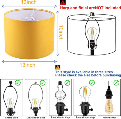 Yellow Velvet Lamp Shades Set of 2,Middle Drum Fabric Lamp Shade,Cover for Table Lamp,Floor Lamp,Living Room,13 inches x 13 inches x 10 inches,With Three Converters,Need To Assemble