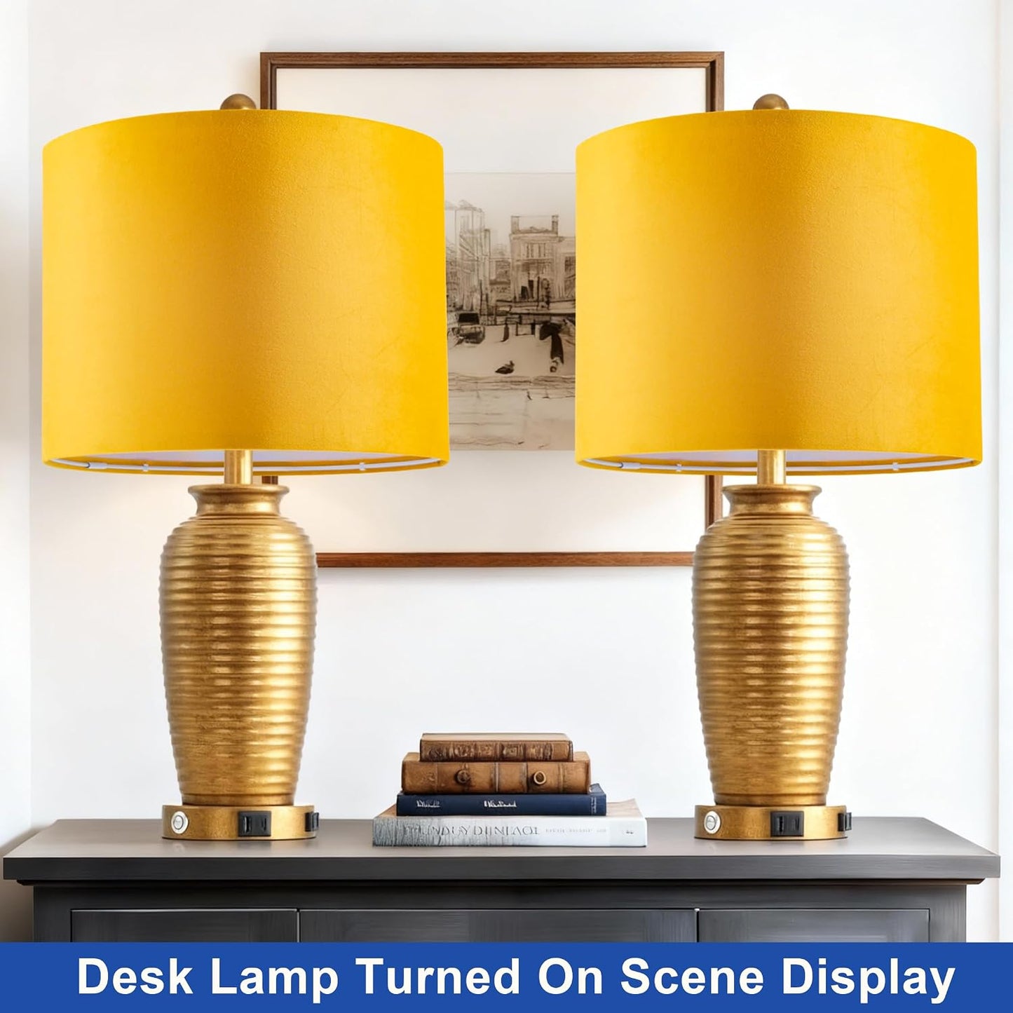 Yellow Velvet Lamp Shades Set of 2,Middle Drum Fabric Lamp Shade,Cover for Table Lamp,Floor Lamp,Living Room,13 inches x 13 inches x 10 inches,With Three Converters,Need To Assemble