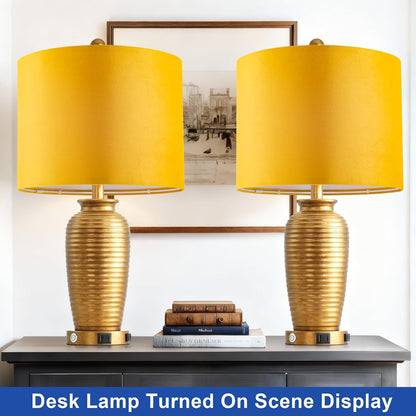 Yellow Velvet Lamp Shades Set of 2,Middle Drum Fabric Lamp Shade,Cover for Table Lamp,Floor Lamp,Living Room,13 inches x 13 inches x 10 inches,With Three Converters,Need To Assemble