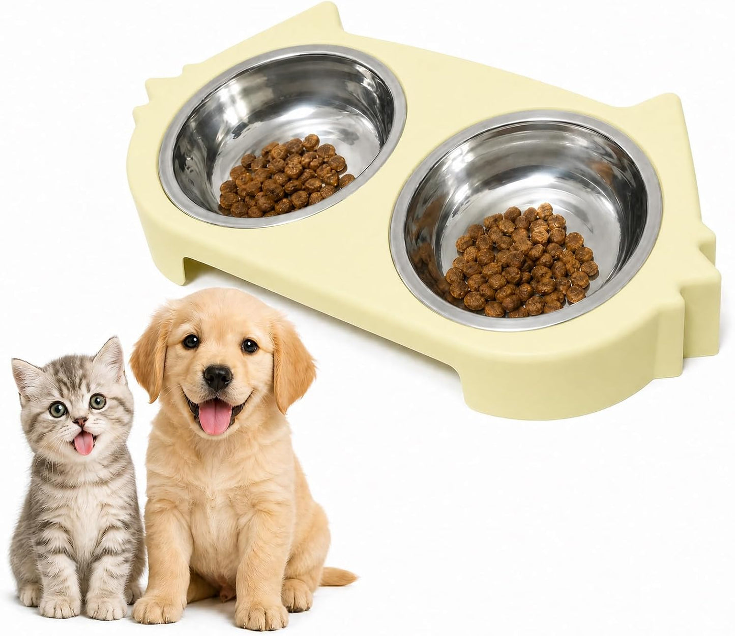 Double Cat Bowl with Non-Slip Base, 2 Stainless Steel Cat Food and Water Bowls for Indoor Cats, Pet Feeder for Cats and Puppies (Yellow)