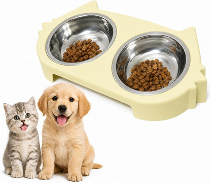 Double Cat Bowl with Non-Slip Base, 2 Stainless Steel Cat Food and Water Bowls for Indoor Cats, Pet Feeder for Cats and Puppies (Yellow)