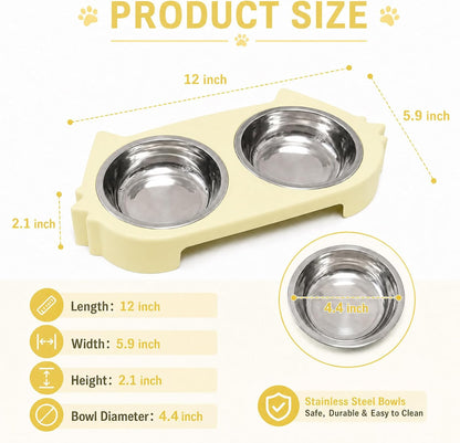 Double Cat Bowl with Non-Slip Base, 2 Stainless Steel Cat Food and Water Bowls for Indoor Cats, Pet Feeder for Cats and Puppies (Yellow)