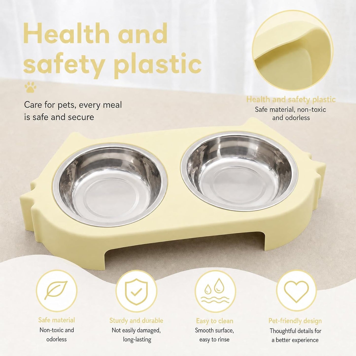 Double Cat Bowl with Non-Slip Base, 2 Stainless Steel Cat Food and Water Bowls for Indoor Cats, Pet Feeder for Cats and Puppies (Yellow)
