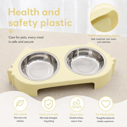 Double Cat Bowl with Non-Slip Base, 2 Stainless Steel Cat Food and Water Bowls for Indoor Cats, Pet Feeder for Cats and Puppies (Yellow)