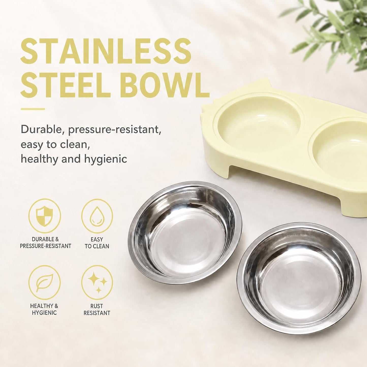 Double Cat Bowl with Non-Slip Base, 2 Stainless Steel Cat Food and Water Bowls for Indoor Cats, Pet Feeder for Cats and Puppies (Yellow)