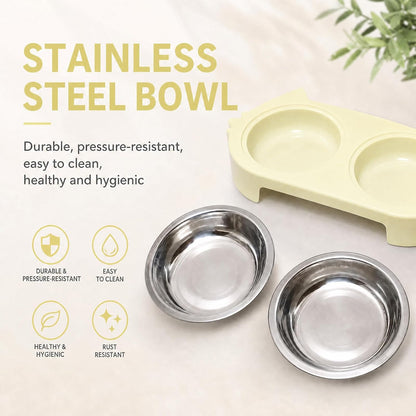Double Cat Bowl with Non-Slip Base, 2 Stainless Steel Cat Food and Water Bowls for Indoor Cats, Pet Feeder for Cats and Puppies (Yellow)