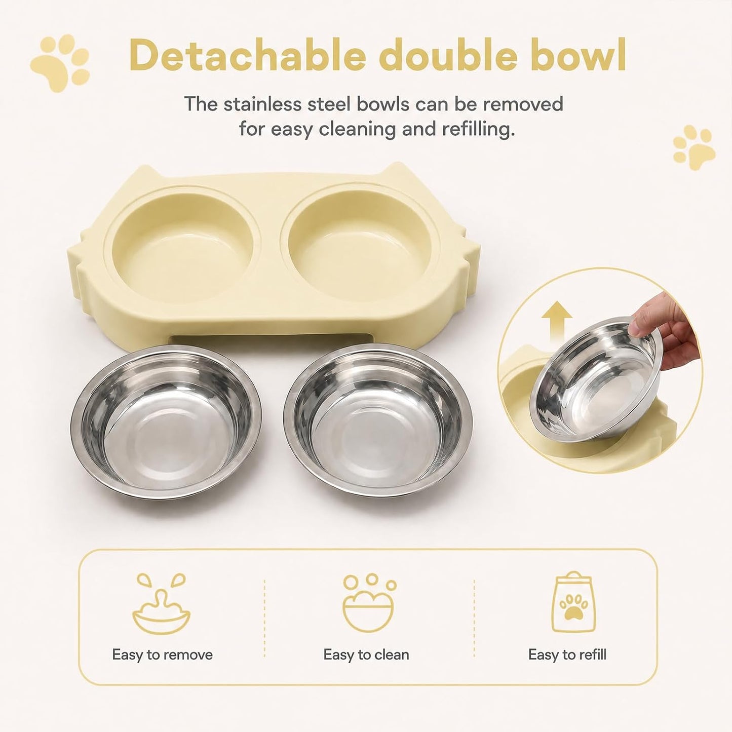 Double Cat Bowl with Non-Slip Base, 2 Stainless Steel Cat Food and Water Bowls for Indoor Cats, Pet Feeder for Cats and Puppies (Yellow)