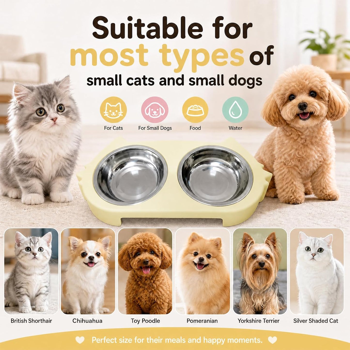Double Cat Bowl with Non-Slip Base, 2 Stainless Steel Cat Food and Water Bowls for Indoor Cats, Pet Feeder for Cats and Puppies (Yellow)