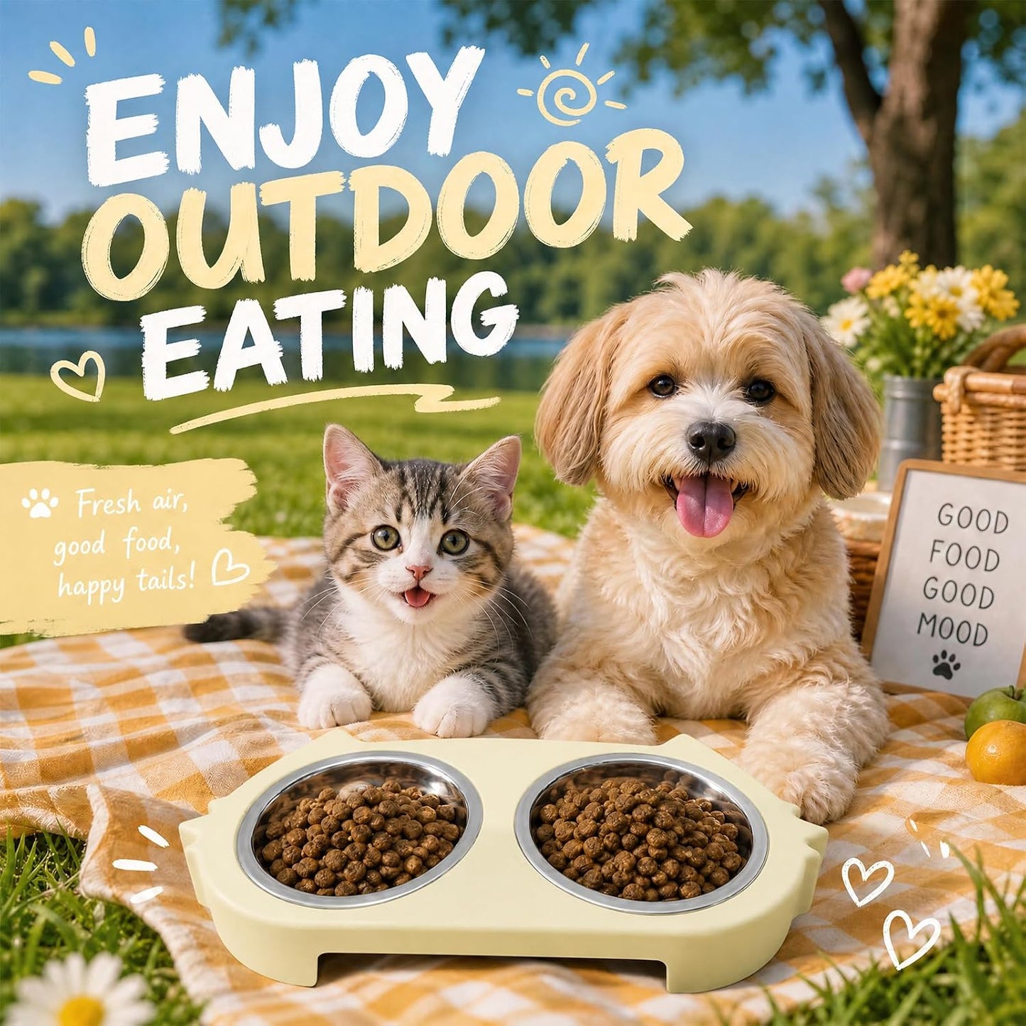 Double Cat Bowl with Non-Slip Base, 2 Stainless Steel Cat Food and Water Bowls for Indoor Cats, Pet Feeder for Cats and Puppies (Yellow)