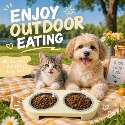 Double Cat Bowl with Non-Slip Base, 2 Stainless Steel Cat Food and Water Bowls for Indoor Cats, Pet Feeder for Cats and Puppies (Yellow)