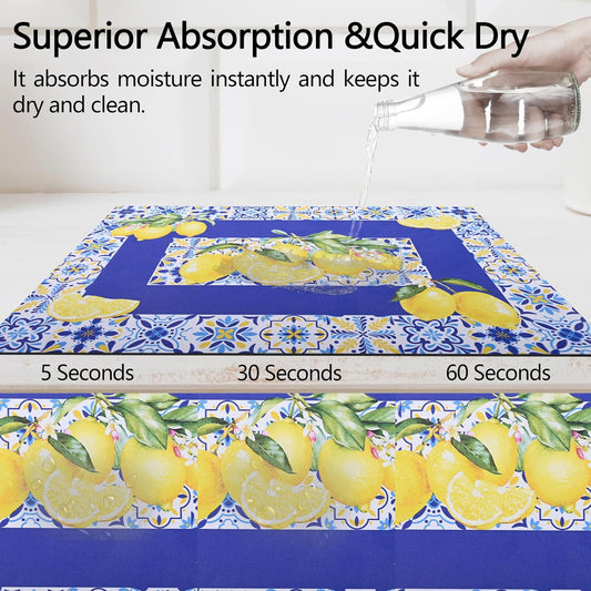 Lemon Dish Drying Mat For Kitchen Counter Absorbent Non-Slip Rubber Backed, Vintage Quick Dry Silicone Pad For Coffee Machine Dish Rack 24 "X16"