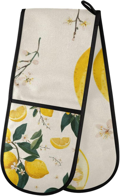Beige Flower Lemon Oven Mitts Pot Holder High Heat Resistant Double Kitchen Oven Mitt Soft Cotton Lining Hot Pads Thick Gloves for Cooking Banquet BBQ