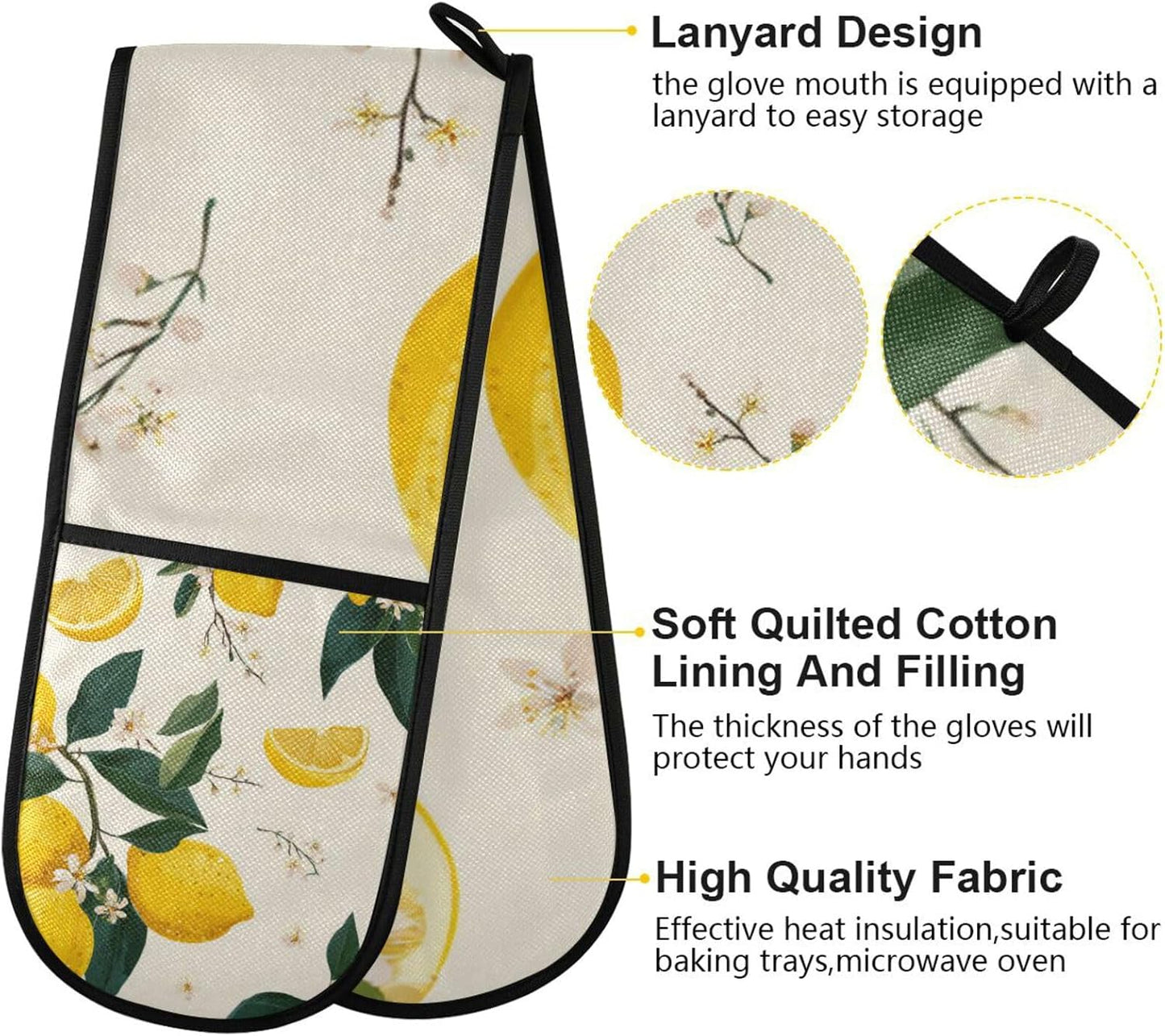 Beige Flower Lemon Oven Mitts Pot Holder High Heat Resistant Double Kitchen Oven Mitt Soft Cotton Lining Hot Pads Thick Gloves for Cooking Banquet BBQ