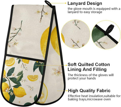 Beige Flower Lemon Oven Mitts Pot Holder High Heat Resistant Double Kitchen Oven Mitt Soft Cotton Lining Hot Pads Thick Gloves for Cooking Banquet BBQ