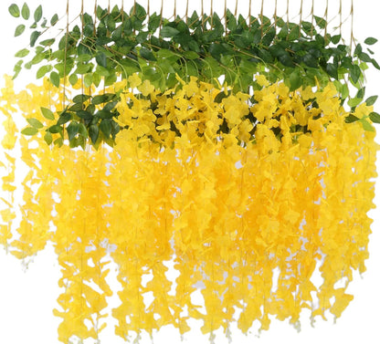 24 Pack 3.6 Feet Artificial Wisteria Hanging Flowers Garland Fake Wisteria Vine for Garden Floral Wedding Decor (Yellow)