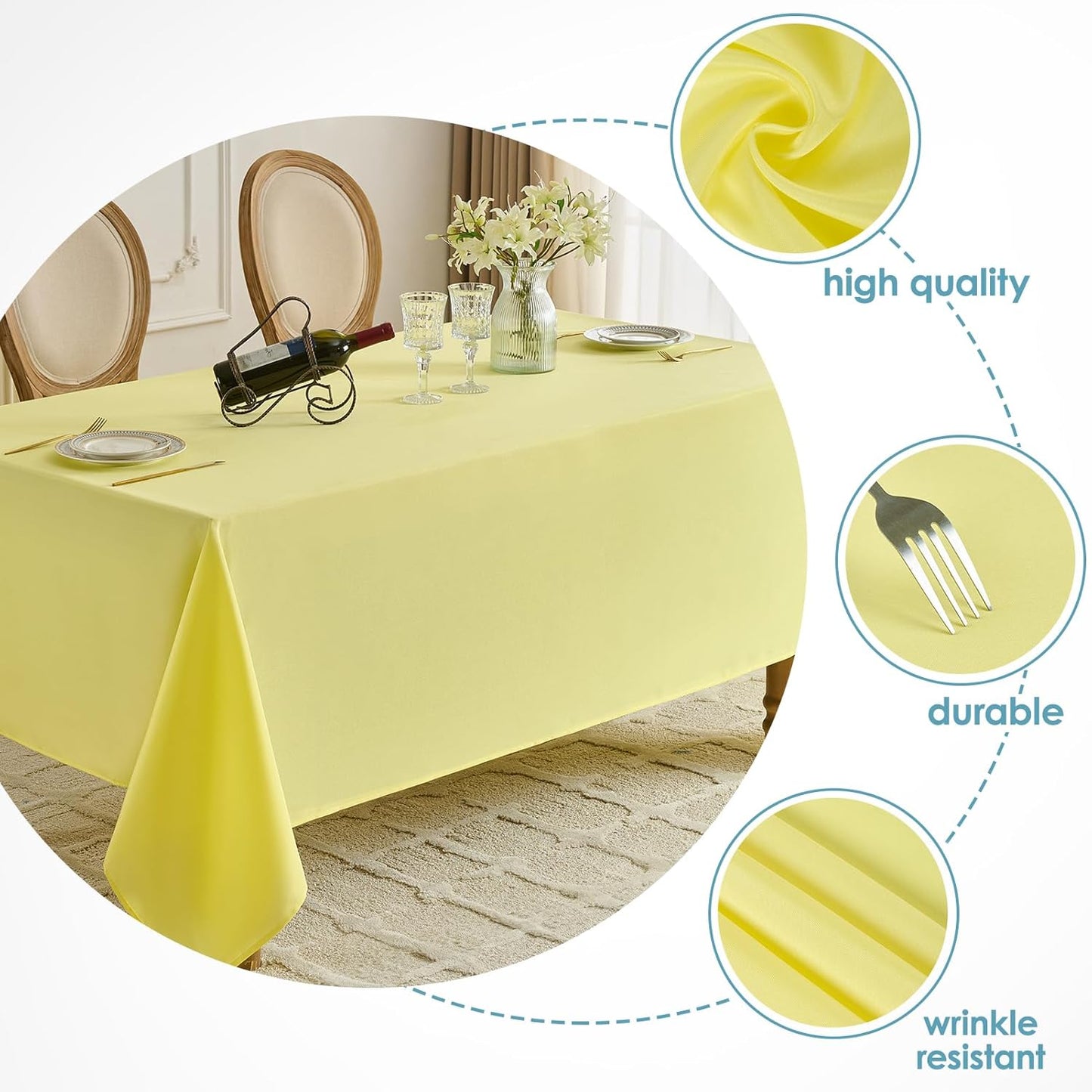 Tablecloth 2 Pack 90 * 156inch Rectangle Table Cloth Polyester, Stain Wrinkle Resistant Polyester Dining Table Cover for Kitchen Dinning Party Wedding Rectangular Buffet Decoration(Yellow)
