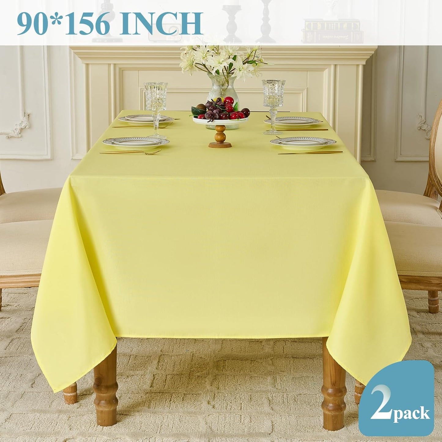 Tablecloth 2 Pack 90 * 156inch Rectangle Table Cloth Polyester, Stain Wrinkle Resistant Polyester Dining Table Cover for Kitchen Dinning Party Wedding Rectangular Buffet Decoration(Yellow)
