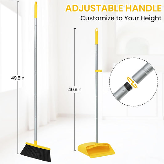 Stand Up Dustpan and Broom Set 50” Long Handle Broom with Dust Pan, with Self Cleaning Combe for Ergonomic Home Office Classroom Indoor Sweeping