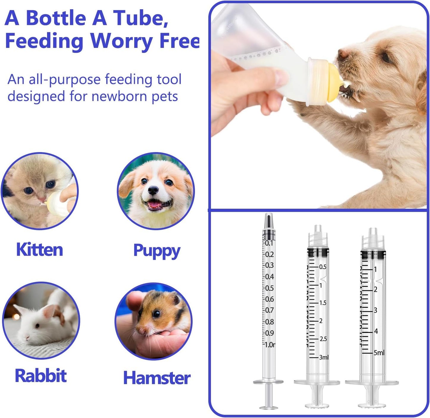 Pet Feeding Bottle and Syringes, 3 Sizes Nipples with Ventilation Valve Resistant Tearing Perfect for Puppies, Kittens, Small Wildlife (Yellow)