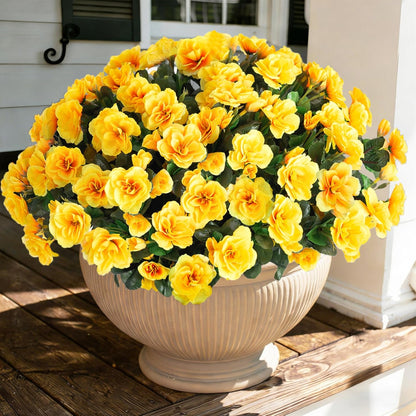 Artificial Fake Flowers Plants for Outdoor Outside Spring Decor, Faux Silk Yellow Camellia UV Resistant Look Real for Planter Pot Porch Patio Balcony Garden Yard, 3 Large Bundles