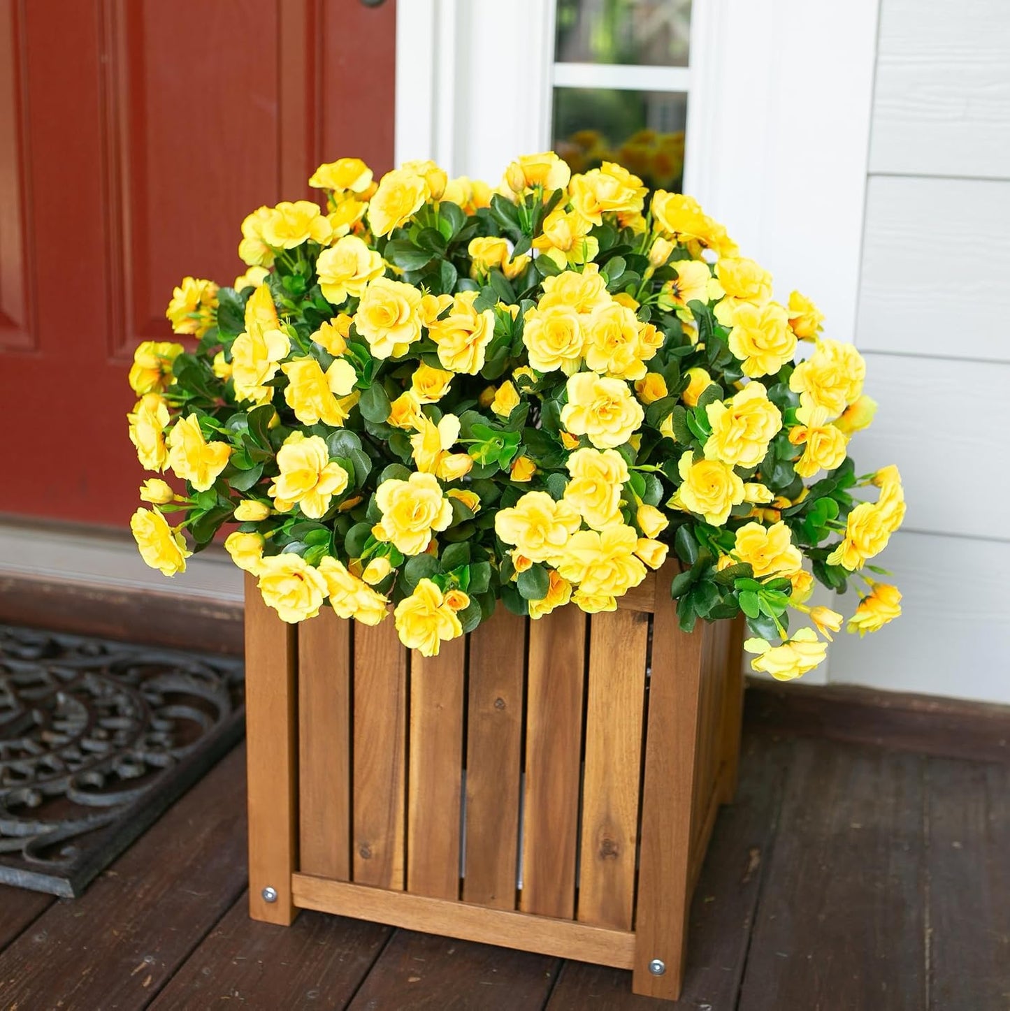 Artificial Fake Flowers Plants for Outdoor Outside Spring Decor, Faux Silk Yellow Camellia UV Resistant Look Real for Planter Pot Porch Patio Balcony Garden Yard, 3 Large Bundles