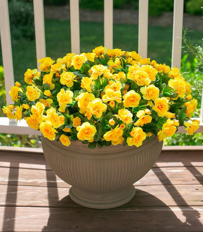 Artificial Fake Flowers Plants for Outdoor Outside Spring Decor, Faux Silk Yellow Camellia UV Resistant Look Real for Planter Pot Porch Patio Balcony Garden Yard, 3 Large Bundles