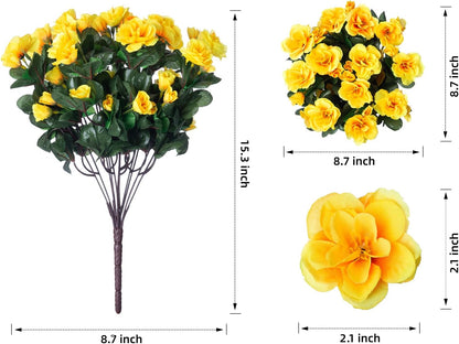 Artificial Fake Flowers Plants for Outdoor Outside Spring Decor, Faux Silk Yellow Camellia UV Resistant Look Real for Planter Pot Porch Patio Balcony Garden Yard, 3 Large Bundles