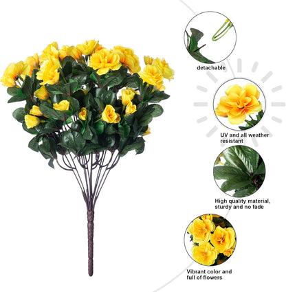 Artificial Fake Flowers Plants for Outdoor Outside Spring Decor, Faux Silk Yellow Camellia UV Resistant Look Real for Planter Pot Porch Patio Balcony Garden Yard, 3 Large Bundles