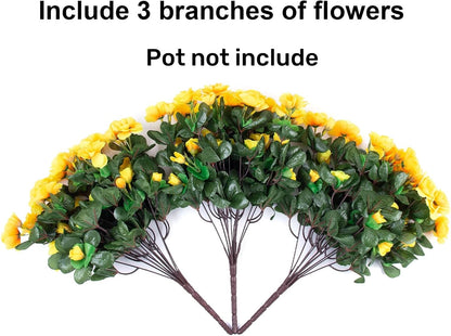 Artificial Fake Flowers Plants for Outdoor Outside Spring Decor, Faux Silk Yellow Camellia UV Resistant Look Real for Planter Pot Porch Patio Balcony Garden Yard, 3 Large Bundles