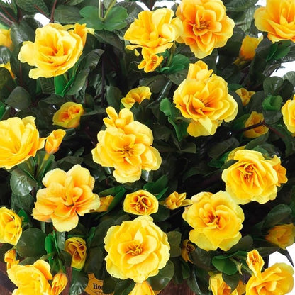 Artificial Fake Flowers Plants for Outdoor Outside Spring Decor, Faux Silk Yellow Camellia UV Resistant Look Real for Planter Pot Porch Patio Balcony Garden Yard, 3 Large Bundles