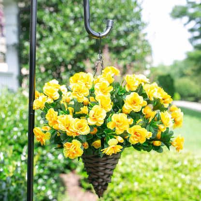 Artificial Fake Flowers Plants for Outdoor Outside Spring Decor, Faux Silk Yellow Camellia UV Resistant Look Real for Planter Pot Porch Patio Balcony Garden Yard, 3 Large Bundles