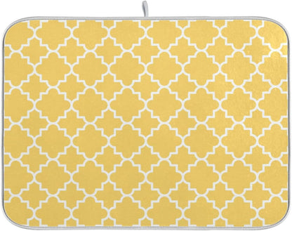 Super Absorbent Dish Drying Mat, Microfiber Fast-Drying Dish Mat, 16" x 18", Kitchen Dish Drying Pad, Quatrefoil Lattice Yellow Pattern