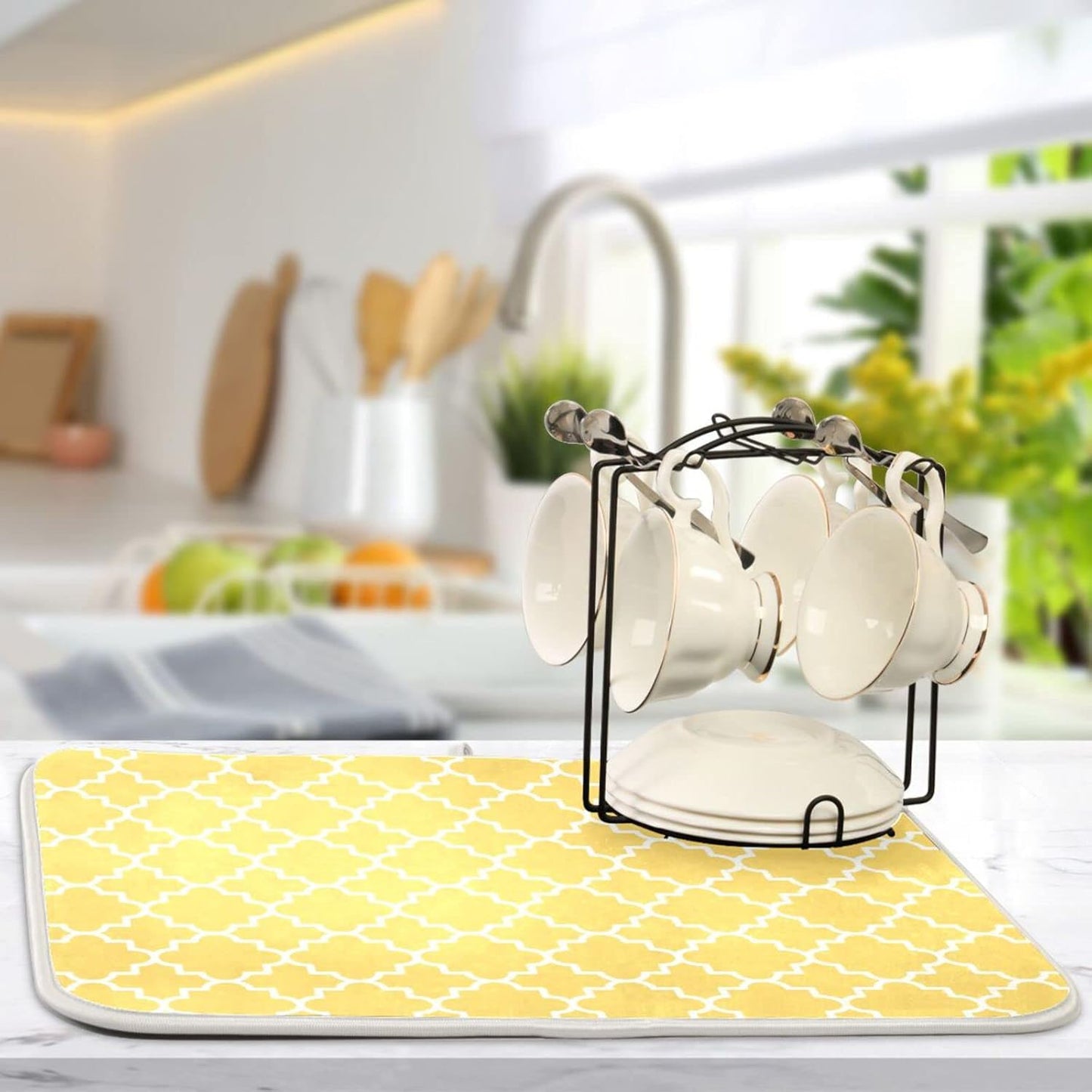 Super Absorbent Dish Drying Mat, Microfiber Fast-Drying Dish Mat, 16" x 18", Kitchen Dish Drying Pad, Quatrefoil Lattice Yellow Pattern