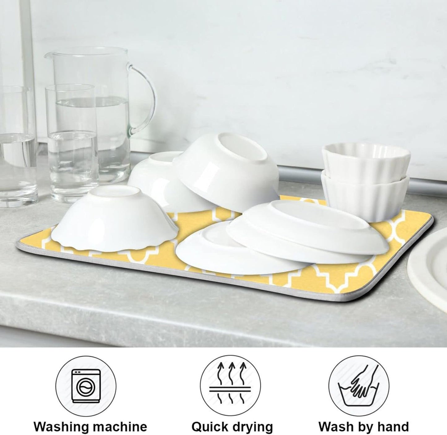 Super Absorbent Dish Drying Mat, Microfiber Fast-Drying Dish Mat, 16" x 18", Kitchen Dish Drying Pad, Quatrefoil Lattice Yellow Pattern