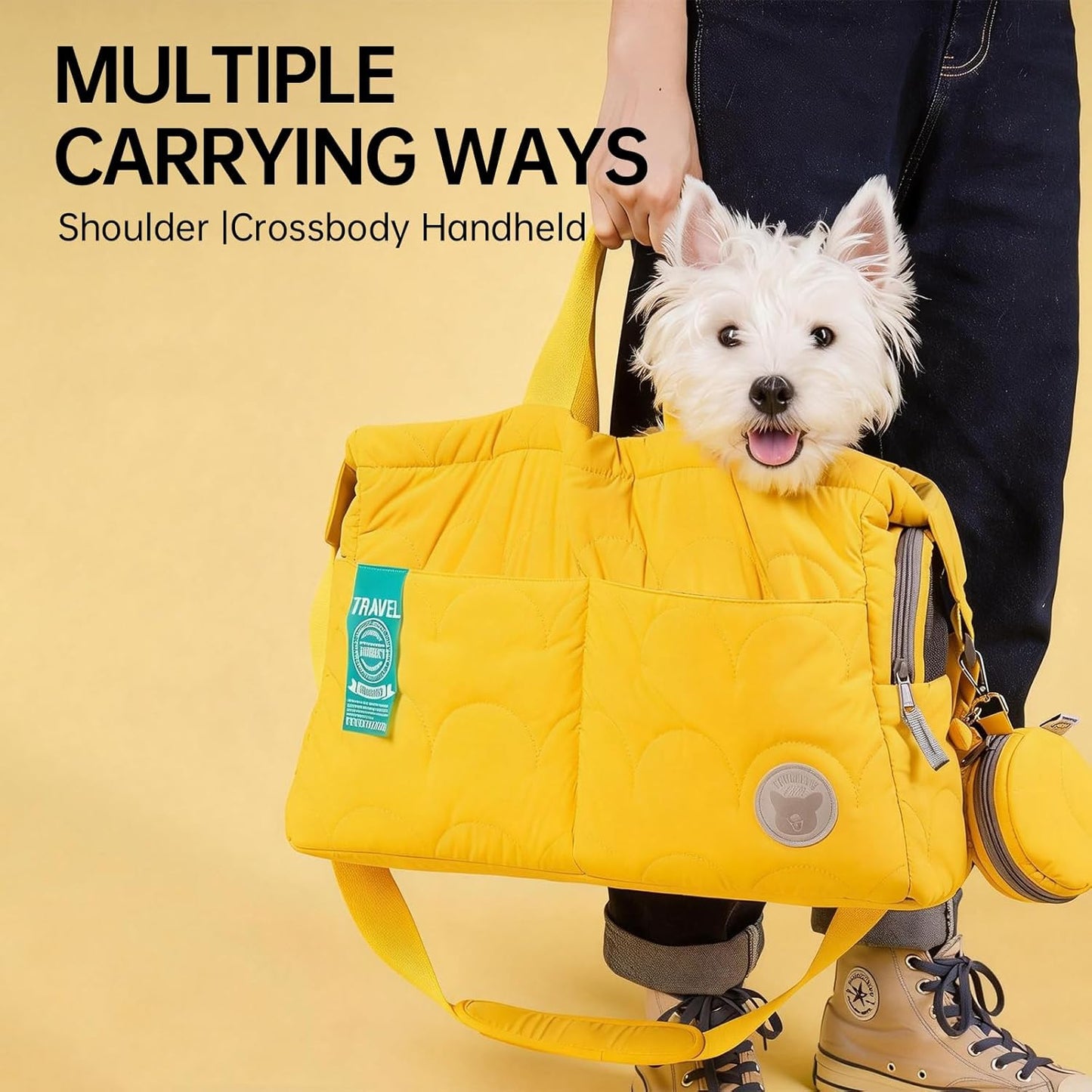 Macaron Cloud Pet Carrier Bag for Small Dogs and Cats, Lightweight Handheld Shoulder Crossbody Puppy Carrier with Storage Pocket, Breathable Expandable Pet Travel Carrier，Ups to 14 lbs (Yellow)