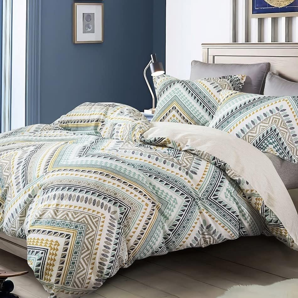 Comforter Queen Size, 600 Thread Count Golden Yellow & Dark Blue Bohemian Pattern Printed on White Reversible Comforter Sets,Down Alternative Bedding Set 3Pcs (Queen, Teal Geometric)