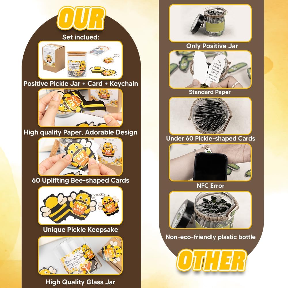 80 Positive Bee Glass Jar & Keychain - 80 Affirmation Cards For Women, Emotional Support Bee - Christmas Gift For Friend Women, Teen Girl Trendy Stuff, Mental Health & Stress Relief Gift