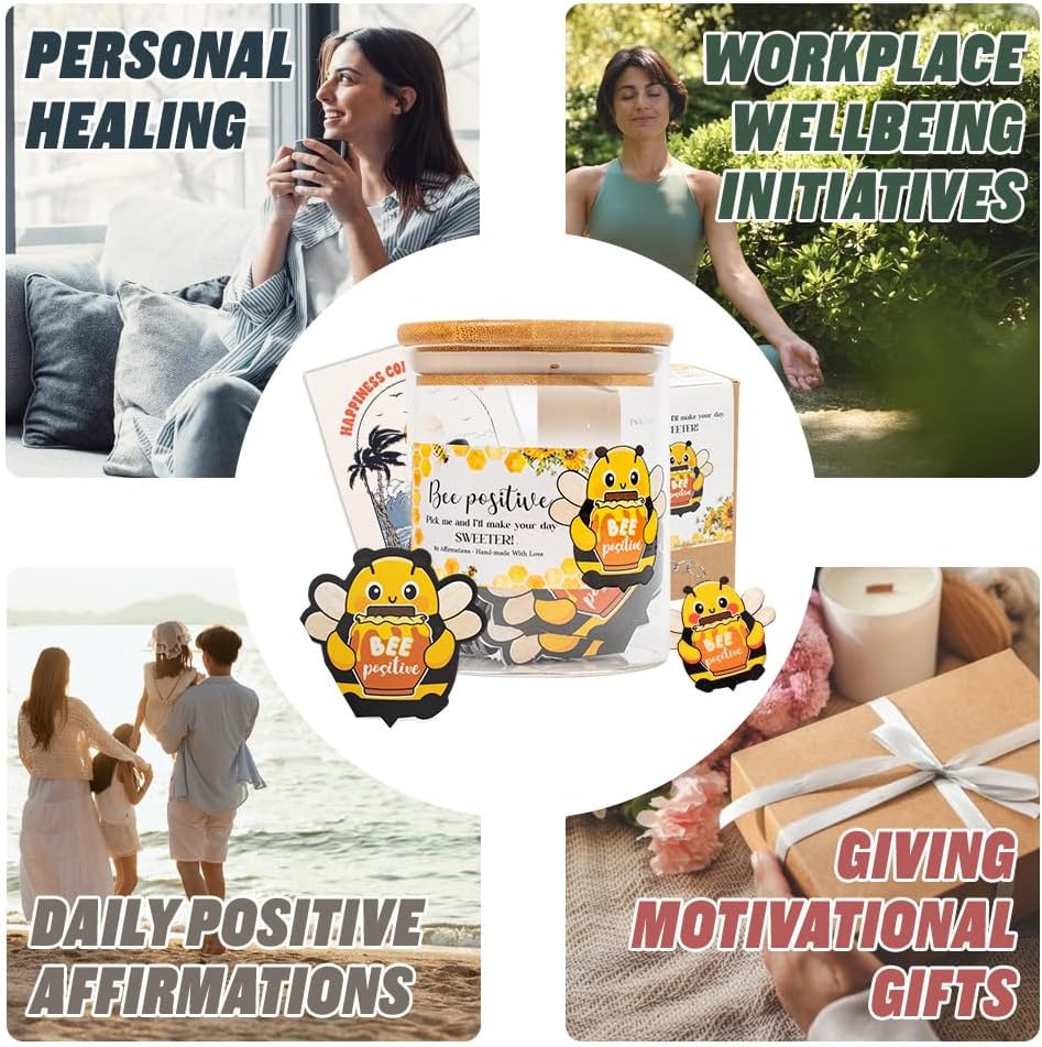 80 Positive Bee Glass Jar & Keychain - 80 Affirmation Cards For Women, Emotional Support Bee - Christmas Gift For Friend Women, Teen Girl Trendy Stuff, Mental Health & Stress Relief Gift