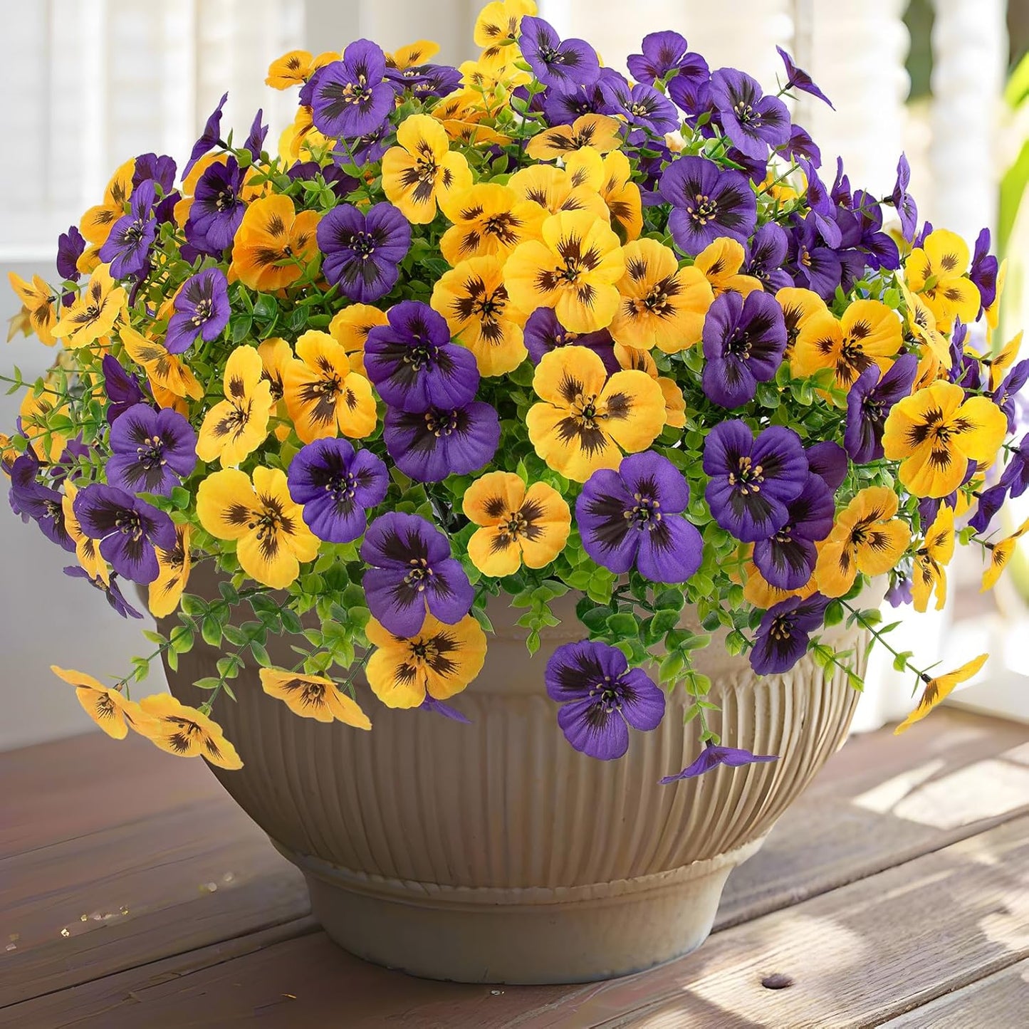 Rowfad 18 Pcs Artificial Fake Pansy Flowers for Outdoor, Faux UV Resistant Silk Pansies Flowers for Outside Planter Front Door Porch Yard Patio Window Box Home Decor (18, Yellow,Purple)