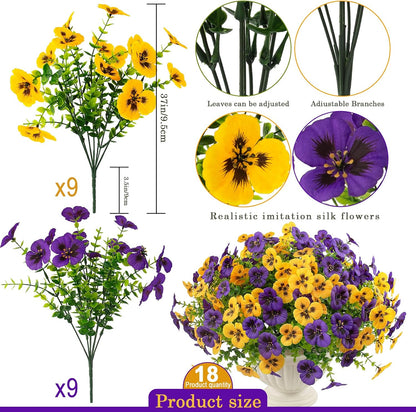 Rowfad 18 Pcs Artificial Fake Pansy Flowers for Outdoor, Faux UV Resistant Silk Pansies Flowers for Outside Planter Front Door Porch Yard Patio Window Box Home Decor (18, Yellow,Purple)