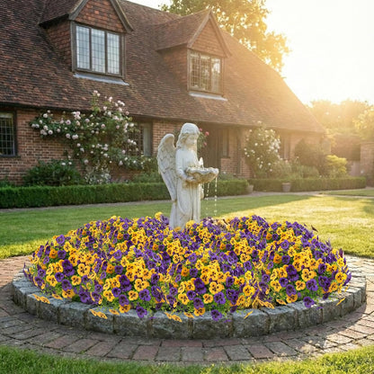 Rowfad 18 Pcs Artificial Fake Pansy Flowers for Outdoor, Faux UV Resistant Silk Pansies Flowers for Outside Planter Front Door Porch Yard Patio Window Box Home Decor (18, Yellow,Purple)