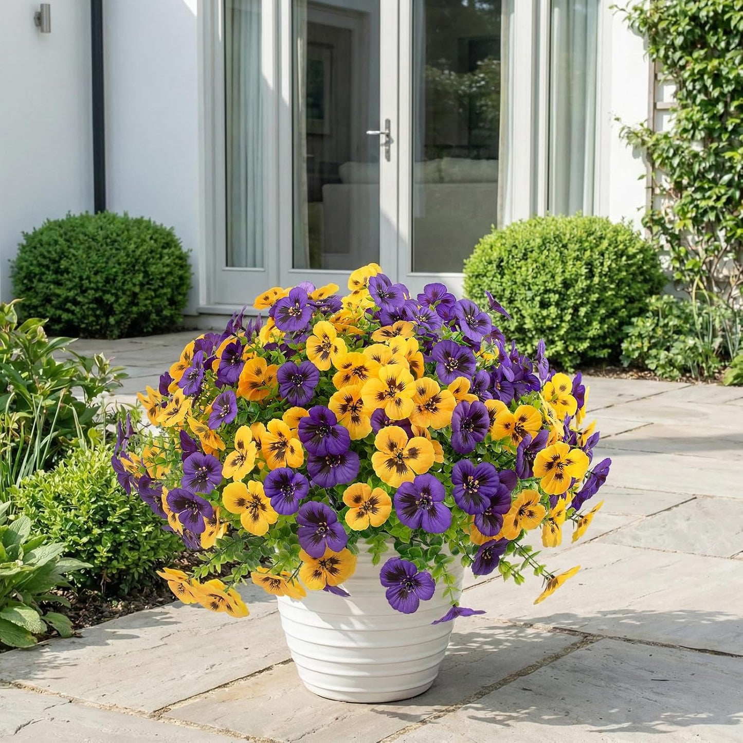 Rowfad 18 Pcs Artificial Fake Pansy Flowers for Outdoor, Faux UV Resistant Silk Pansies Flowers for Outside Planter Front Door Porch Yard Patio Window Box Home Decor (18, Yellow,Purple)