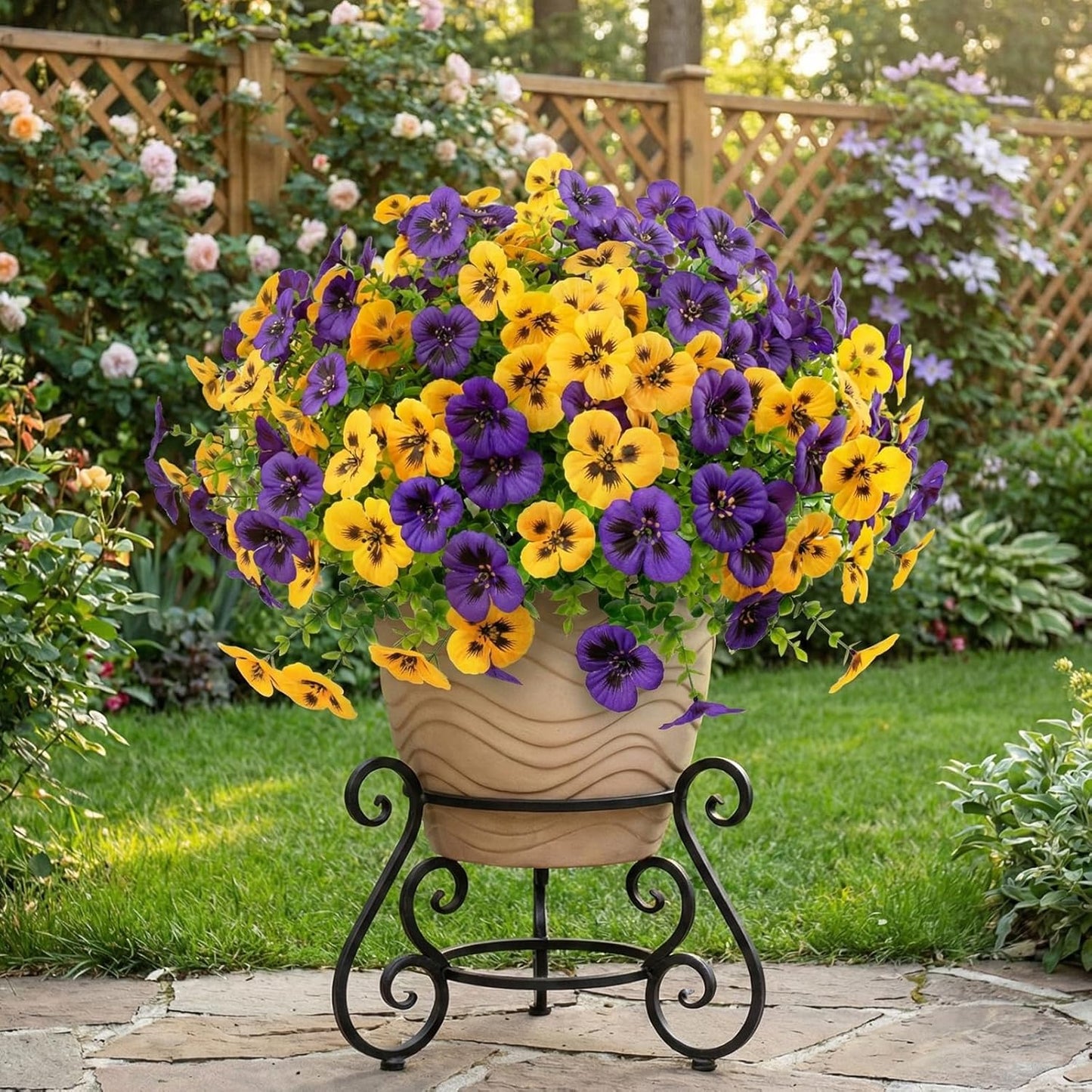 Rowfad 18 Pcs Artificial Fake Pansy Flowers for Outdoor, Faux UV Resistant Silk Pansies Flowers for Outside Planter Front Door Porch Yard Patio Window Box Home Decor (18, Yellow,Purple)