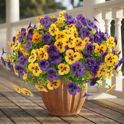 Rowfad 18 Pcs Artificial Fake Pansy Flowers for Outdoor, Faux UV Resistant Silk Pansies Flowers for Outside Planter Front Door Porch Yard Patio Window Box Home Decor (18, Yellow,Purple)