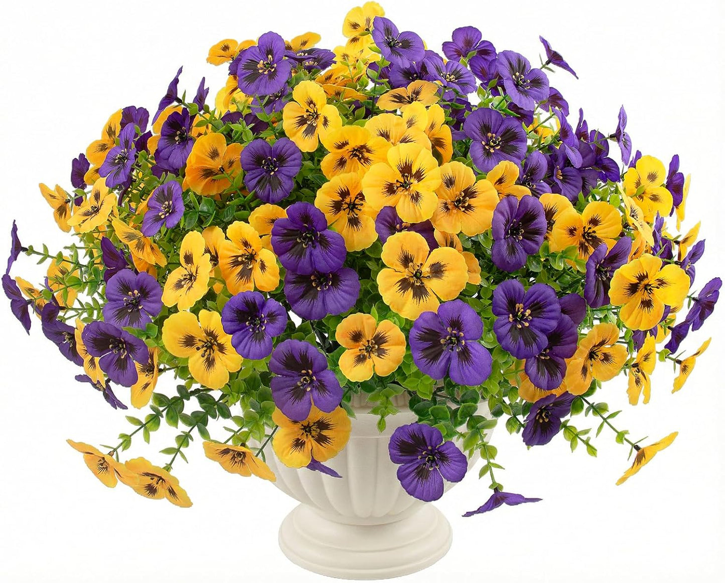 Rowfad 18 Pcs Artificial Fake Pansy Flowers for Outdoor, Faux UV Resistant Silk Pansies Flowers for Outside Planter Front Door Porch Yard Patio Window Box Home Decor (18, Yellow,Purple)